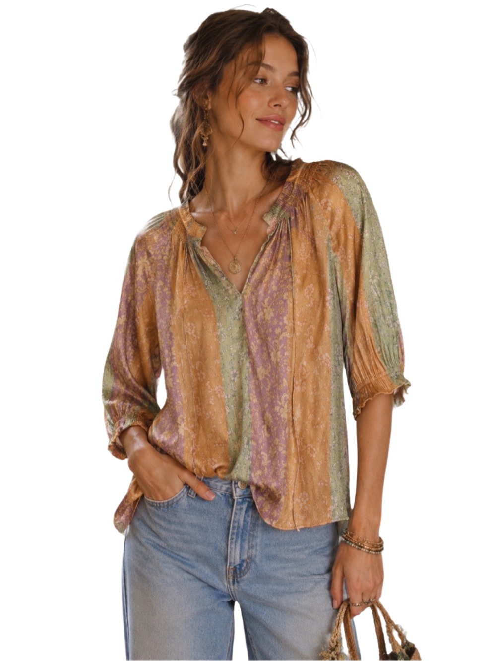 Current Air Anthropologie Floral Patchwork Boho Blouse XS Pastel Cottagecore Top